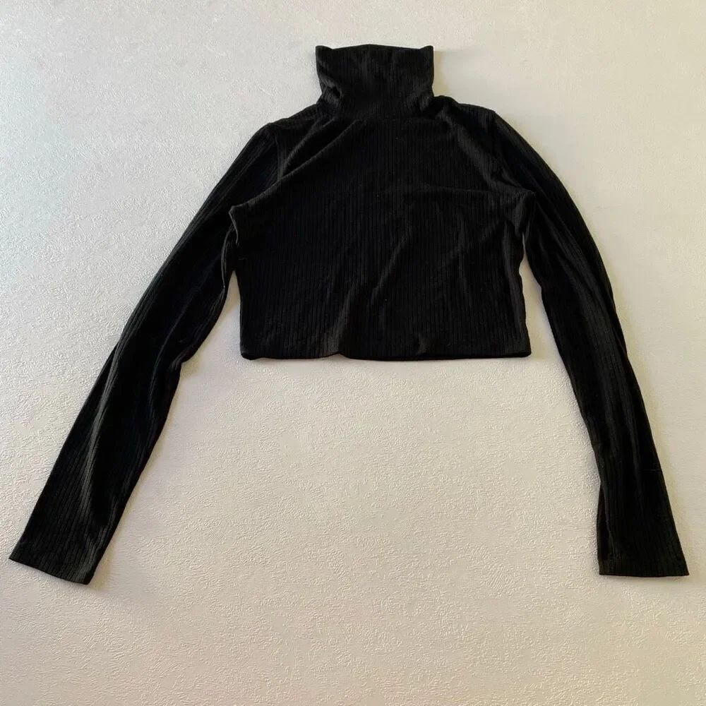 Madewell Black Ribbed Mock Neck Long Sleeve Crop Top Women’s M